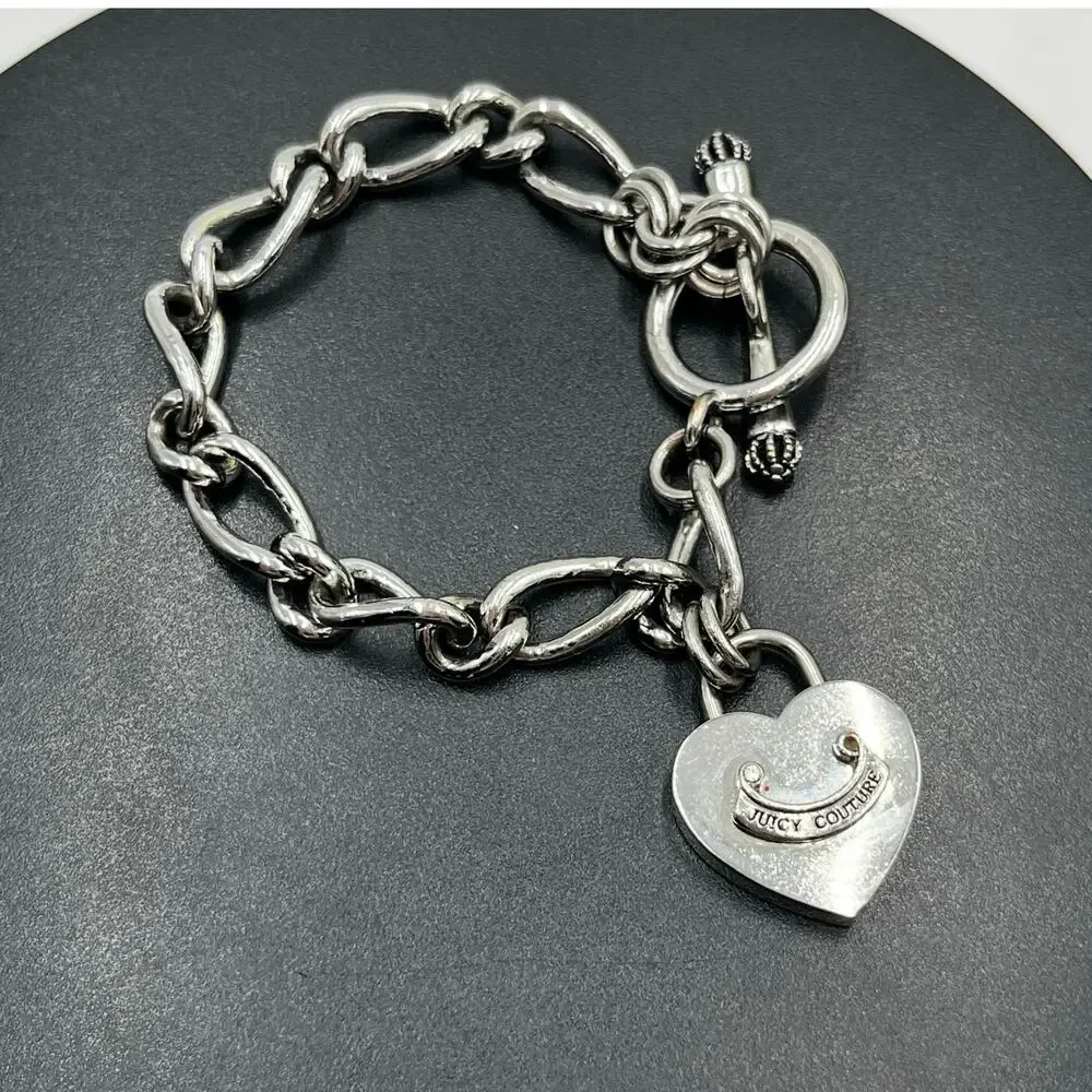 Juicy Couture Vintage Silver Tone Chunky Toggle Heart Charm Starter Bracelet‎